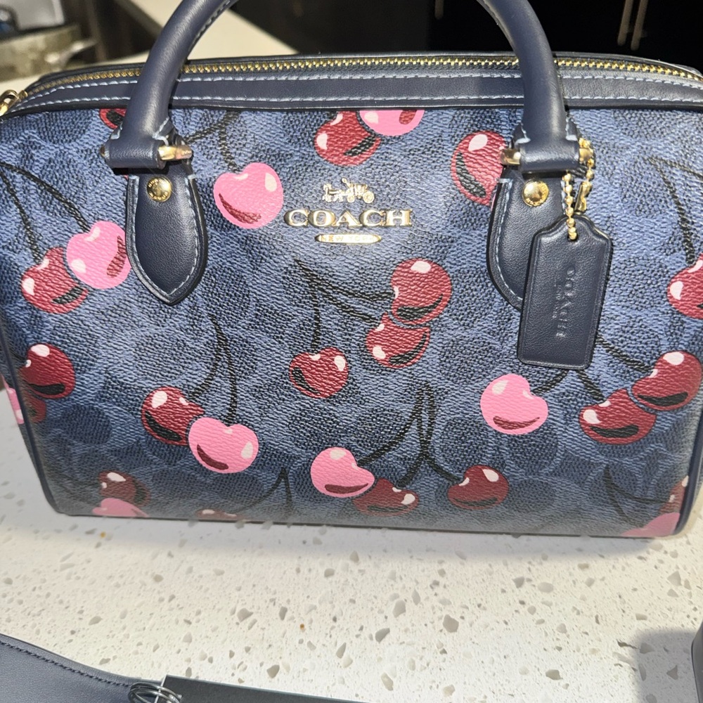Coach Cherry Print Satchel in Navy and Pink Medium Rowen Notebook & Wallet - Picture 5 of 10
